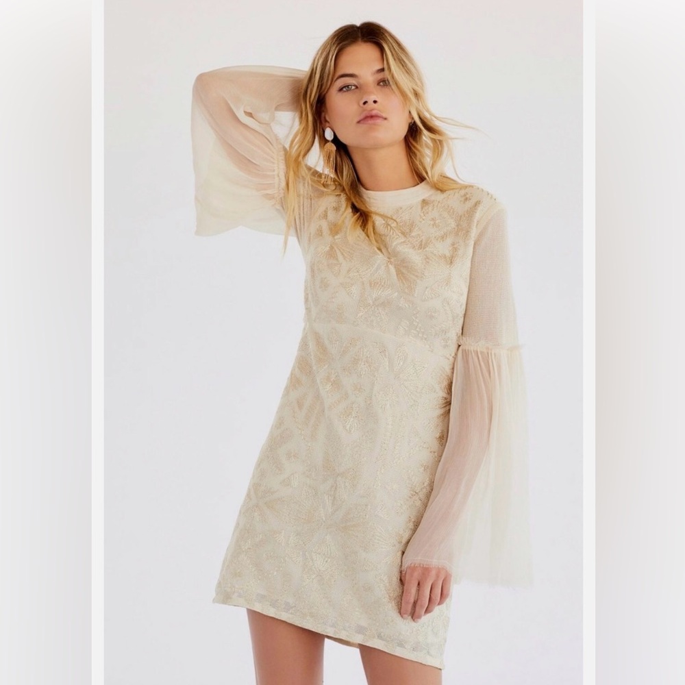 Free People Cleo Tonal Embroidered Sheer Bell Sleeves Mini Dress